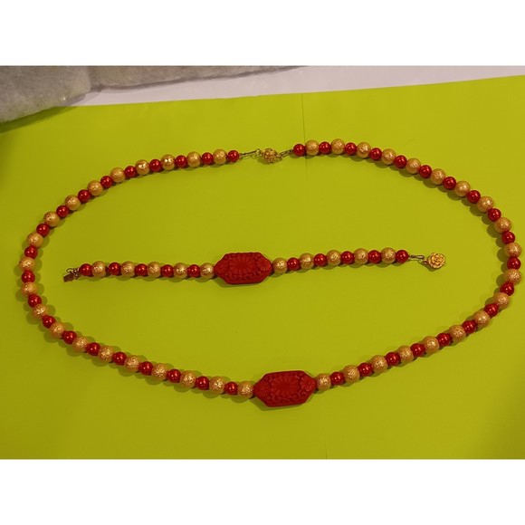 Red & Golden beaded  Cinnabar flower focus bead Necklace Bracelet Set Plus size - Picture 8 of 14